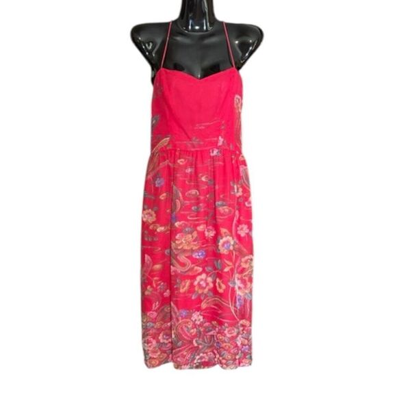 David Morris Dresses & Skirts - David Morris Vintage Spaghetti Strap Boho Floral Feather Pink Print MIDI Dress